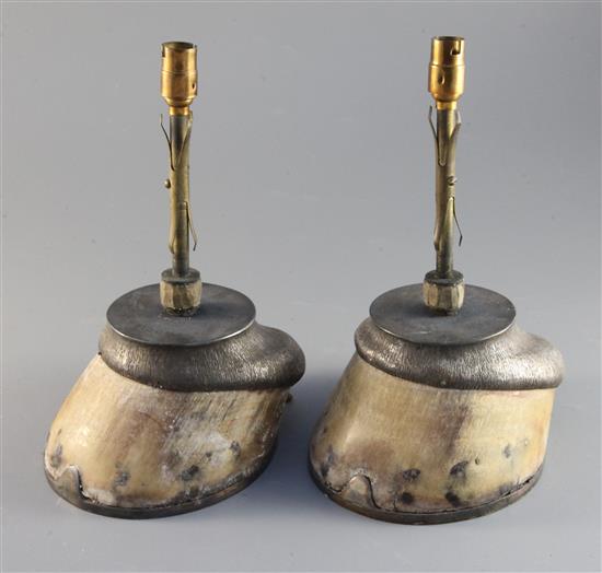 A pair of electroplated mounted horses hooves as table lamps, overall 9.5in.